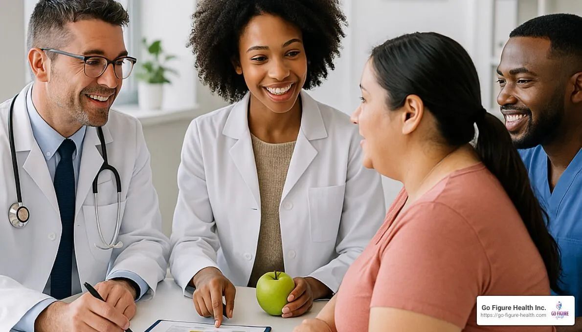 A group of doctors are sitting at a table talking to a patient.