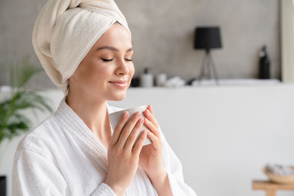 Woman in robe, towel on head, holding mug, eyes closed, smiling, bathroom setting.