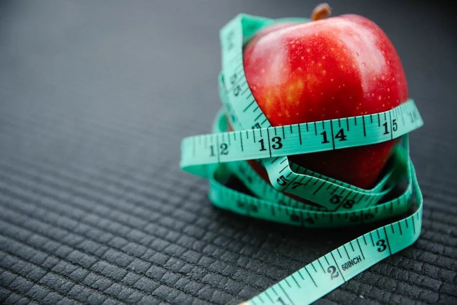 A red apple is wrapped in a measuring tape.