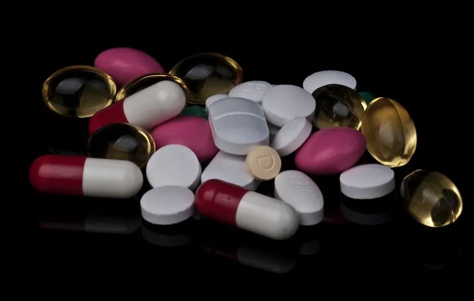 A pile of pills and capsules on a black background