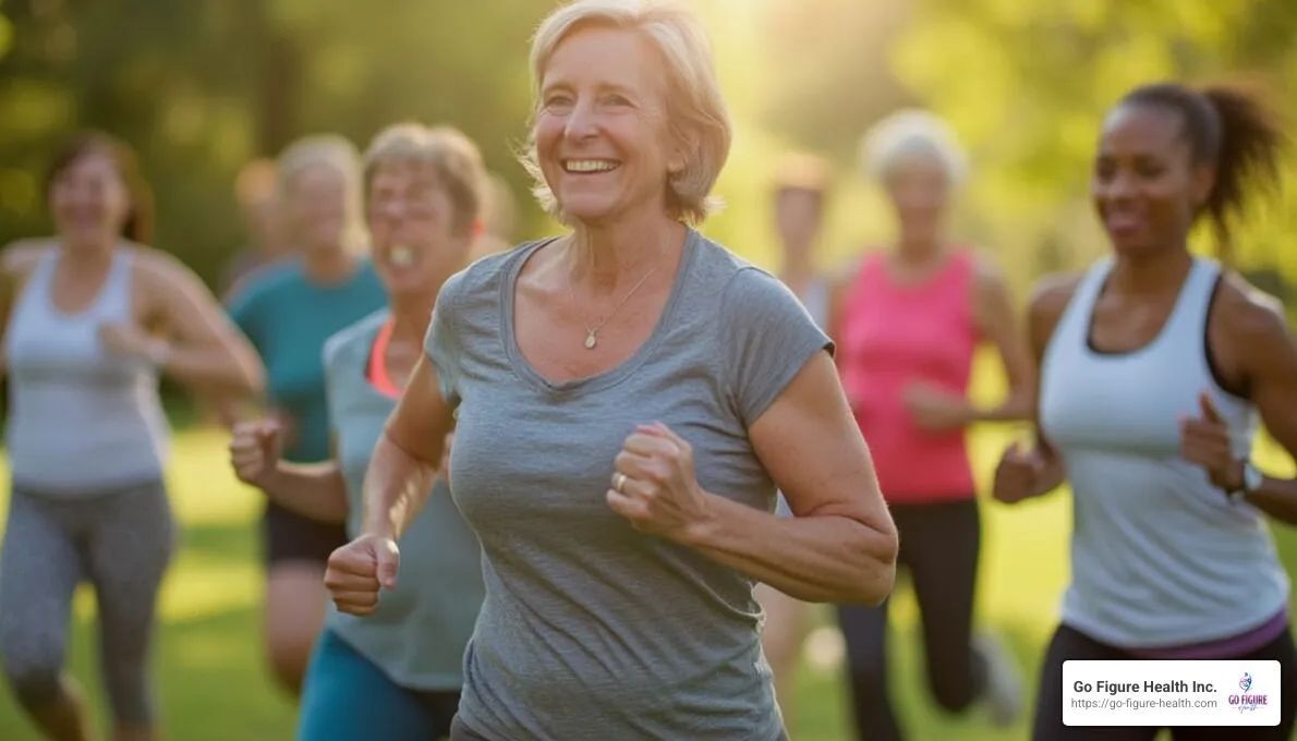 A group of women are running in a park.