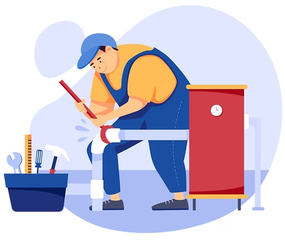 A worker in blue overalls and a cap repairs a white pipe attached to a red unit, with a nearby toolbox containing tools.