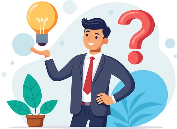 A business professional in a suit holds a lightbulb while a large question mark floats nearby, suggesting an idea dilemma.