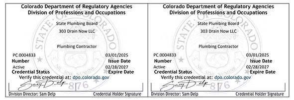 Colorado Plumbing Contractor license certificates with license number, issue, and expiration dates.