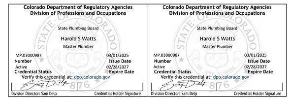 Colorado State Plumbing Board Master Plumber license cards for Harold S. Watts, credential status active.