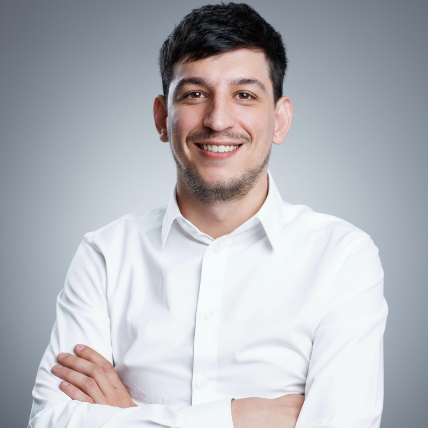 Man in a white shirt smiles with arms crossed, against a light gray background.