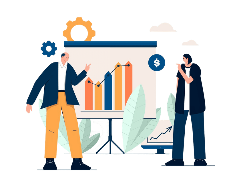 Two people at a presentation: one points at a chart, the other observes. Presentation board with growth chart.
