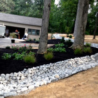 A rock-lined garden bed with dark mulch, green plants, and two large trees next to a garage.