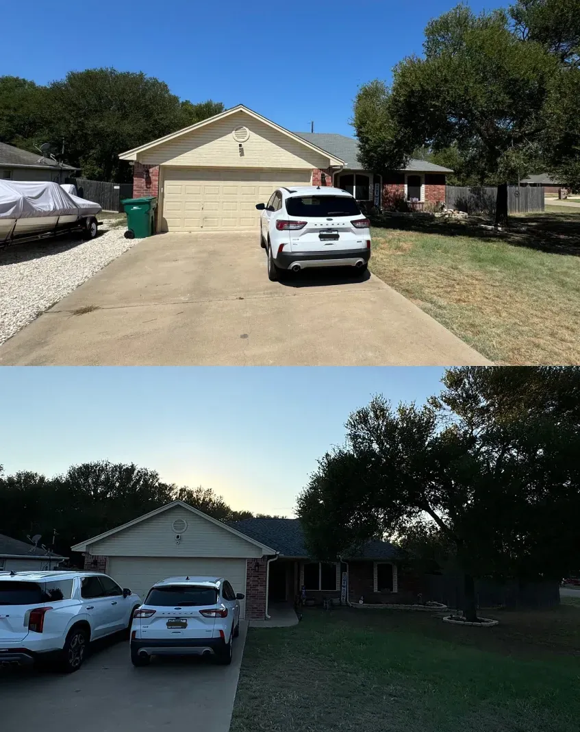 A before and after picture of a house with cars parked in front of it