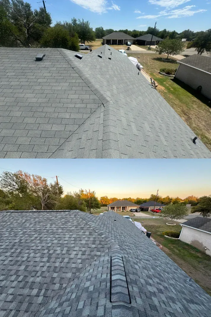 A before and after picture of a roof being installed on a house.