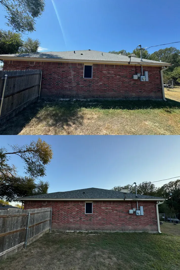 A before and after picture of a brick house with a roof.