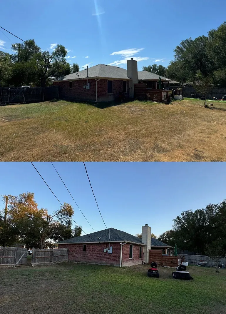 A before and after picture of a house with a lawn mower in the backyard.