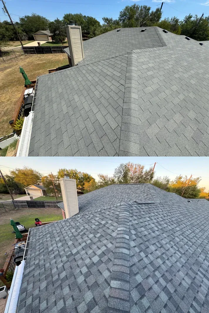 A before and after picture of a roof being installed.