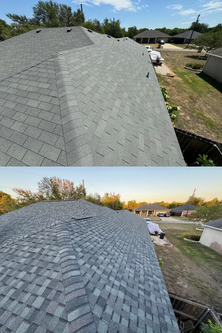 A before and after picture of a roof with shingles on it.