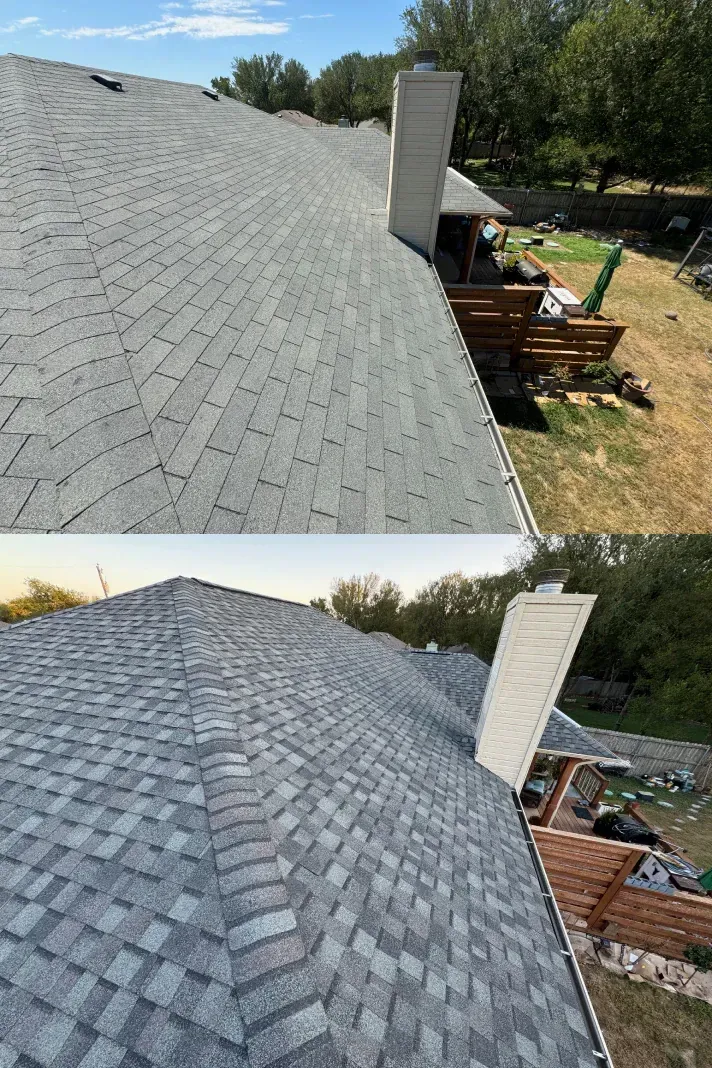 A before and after picture of a roof with a chimney.