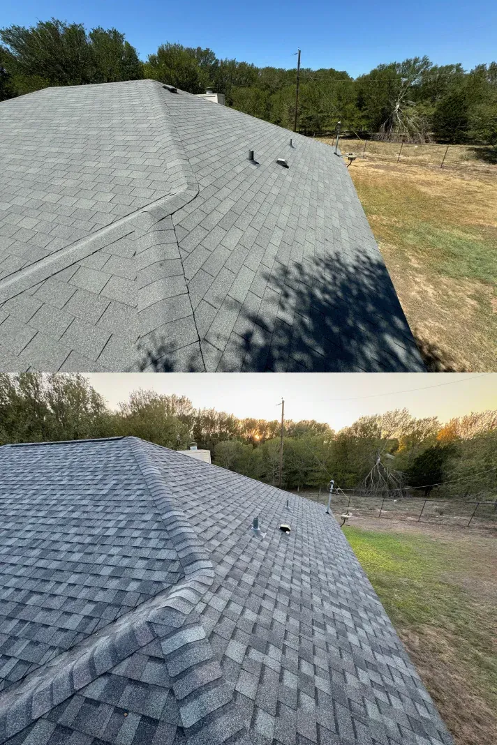 A before and after picture of a roof being installed.