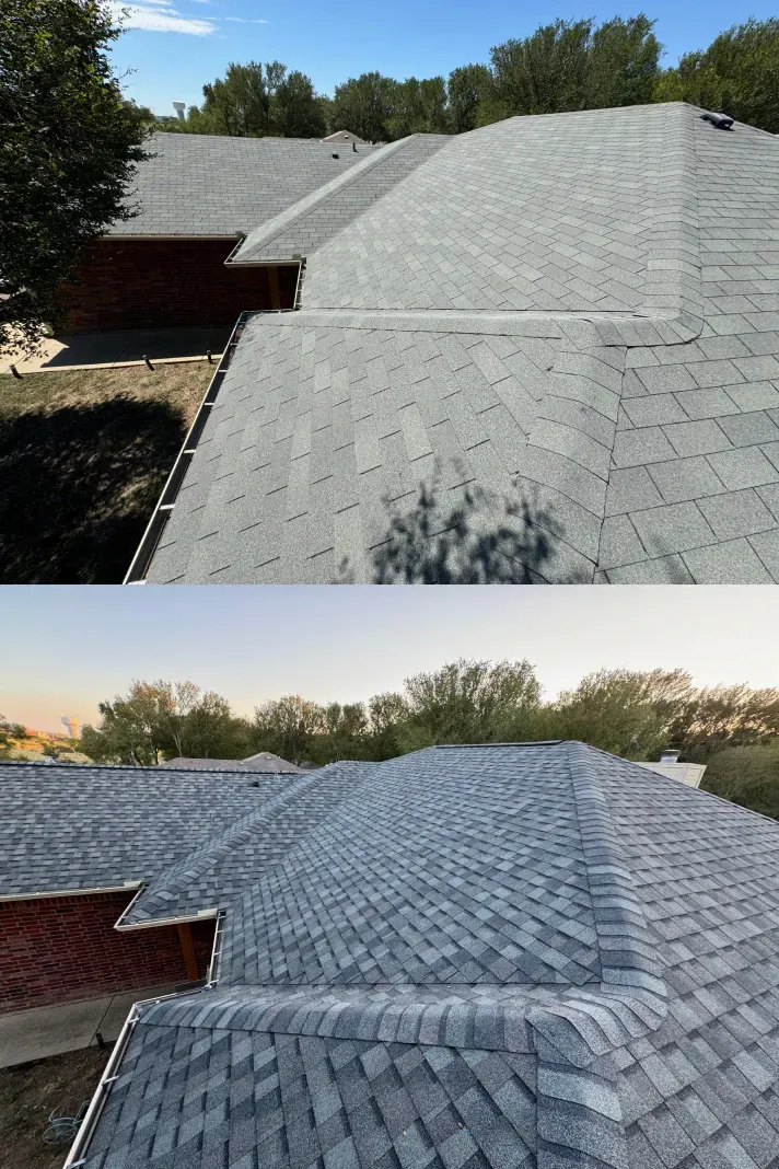 There is a before and after picture of a roof.