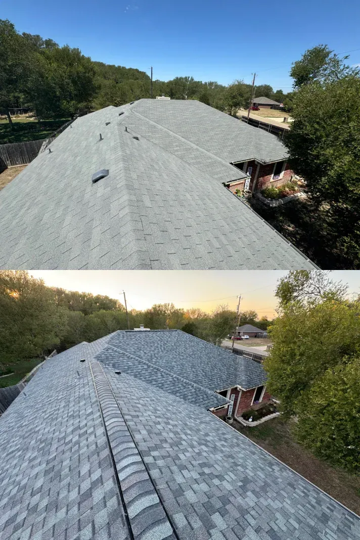 A before and after picture of a roof with shingles on it.