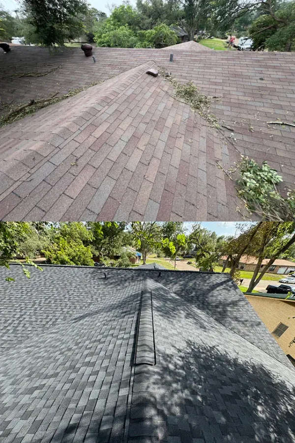 There is a before and after picture of a roof.
