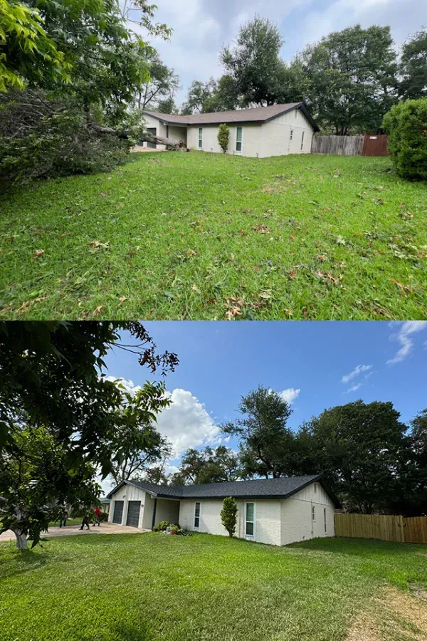 A before and after picture of a house with a lush green lawn.