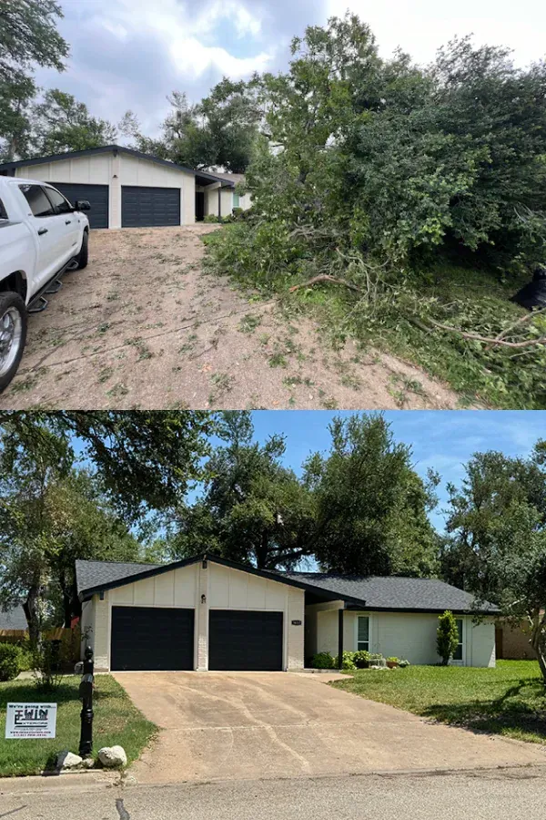 A before and after picture of a house with a truck parked in front of it.