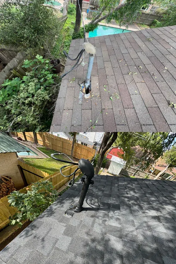 A before and after picture of a roof with a pool in the background.