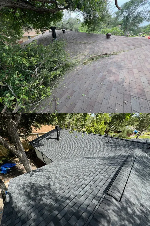 A before and after picture of a roof with a tree on it.