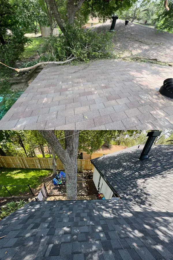 A before and after picture of a patio and a roof.