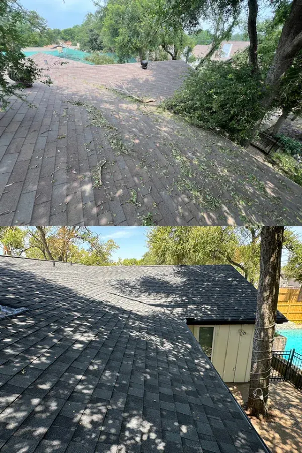 There is a before and after picture of a roof.