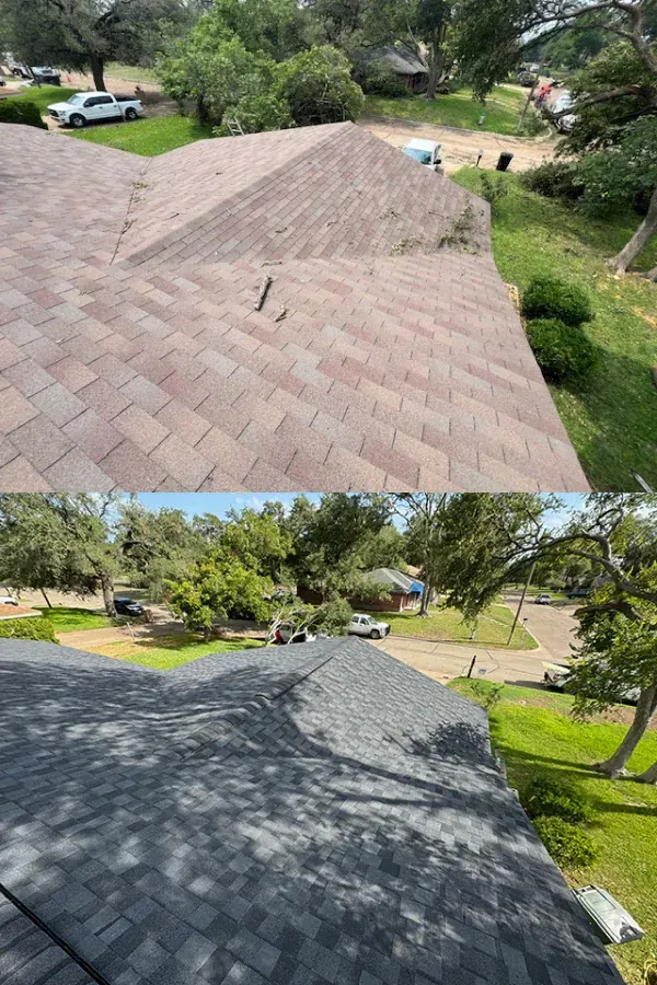 A before and after picture of a roof in a residential area.