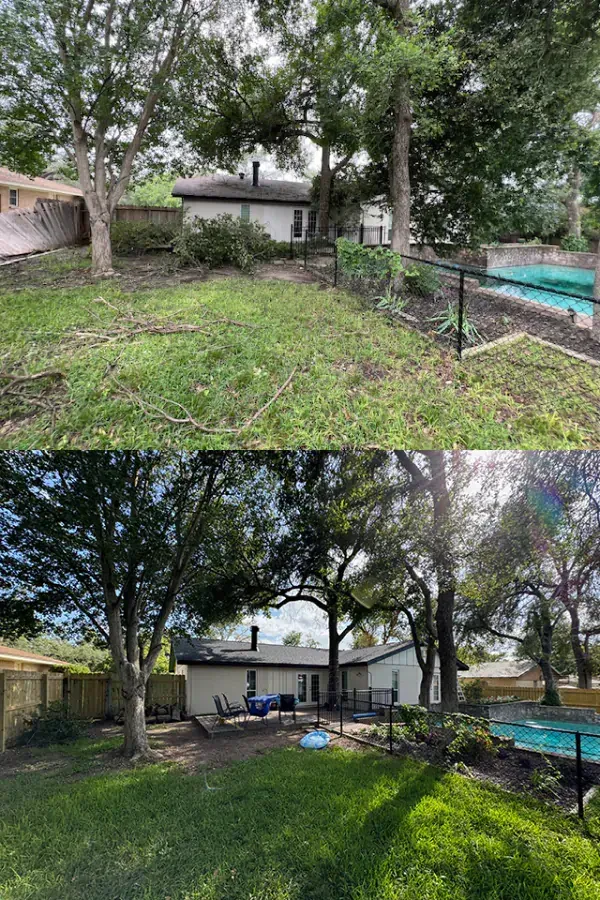 A before and after picture of a backyard with a pool.