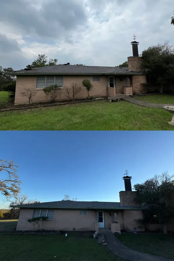 A before and after picture of a house with a chimney