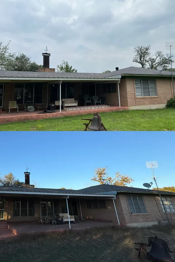 A before and after picture of a brick house