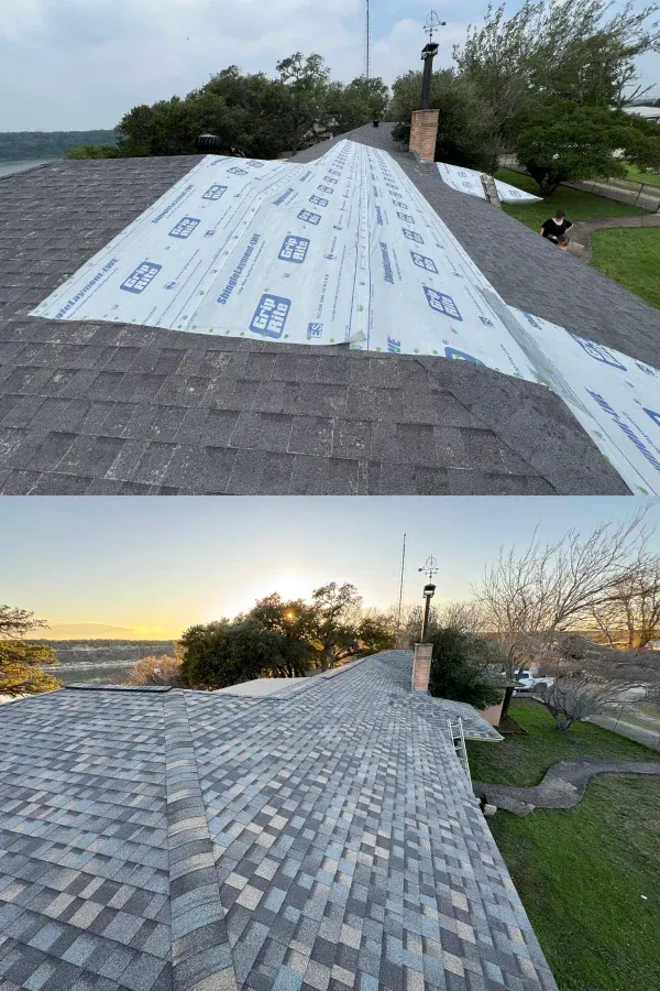 A roof is being installed on a house with shingles on it.