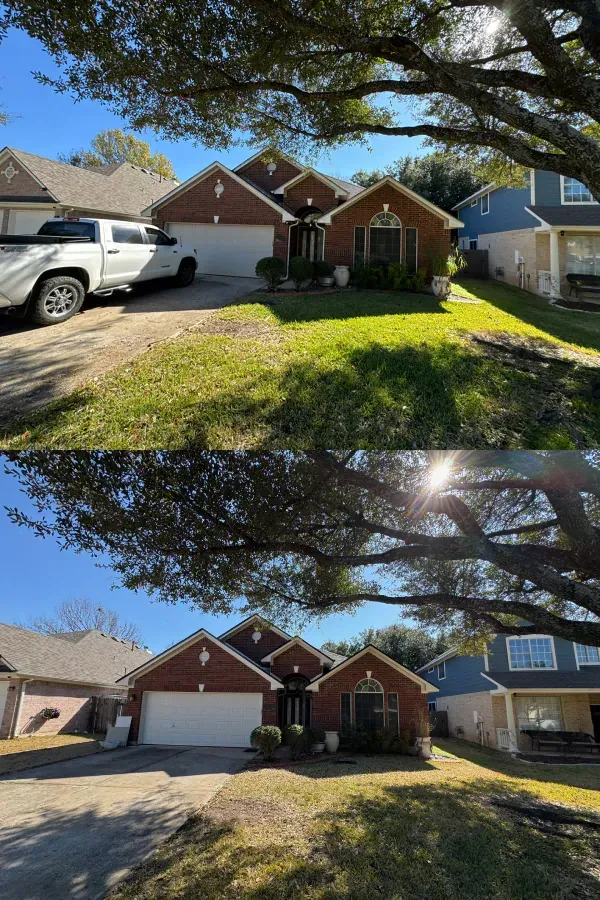A before and after picture of a house with a truck parked in front of it.