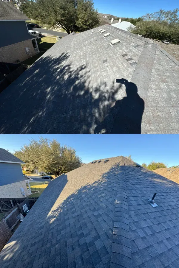 A before and after picture of a roof with shingles on it.
