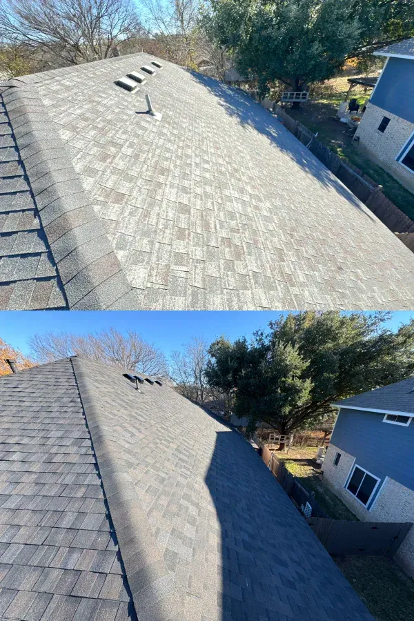 Two pictures of a roof before and after being cleaned.
