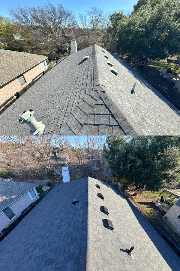 A before and after picture of a roof with birds on it.