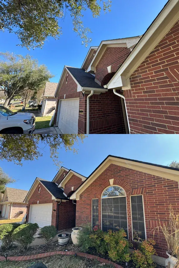 A before and after picture of a brick house with a black roof.
