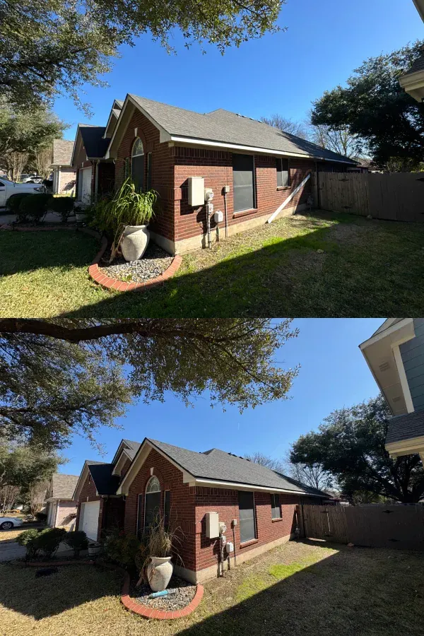 A before and after picture of a house with a roof.
