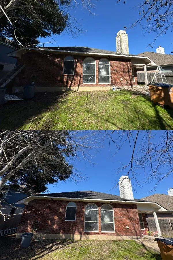A before and after picture of a brick house with a chimney.