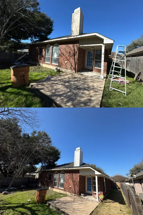 A before and after picture of a house with a chimney on the roof.