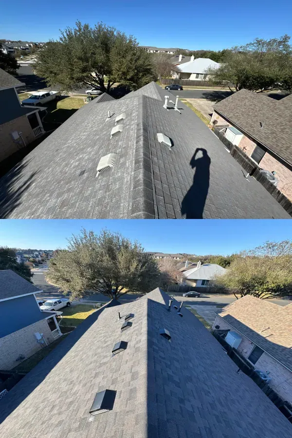 There is a before and after picture of a roof.