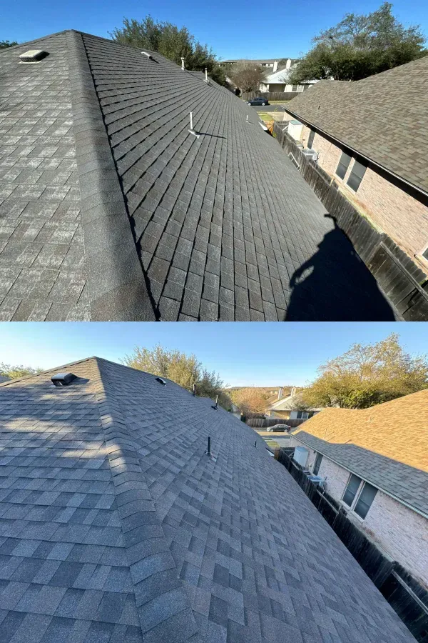 Two pictures of a roof before and after being installed.