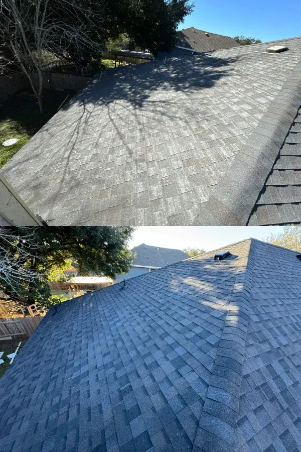 There is a before and after picture of a roof.