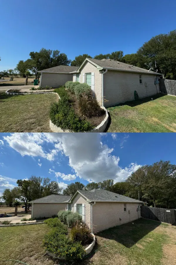 A before and after picture of a house with a roof.