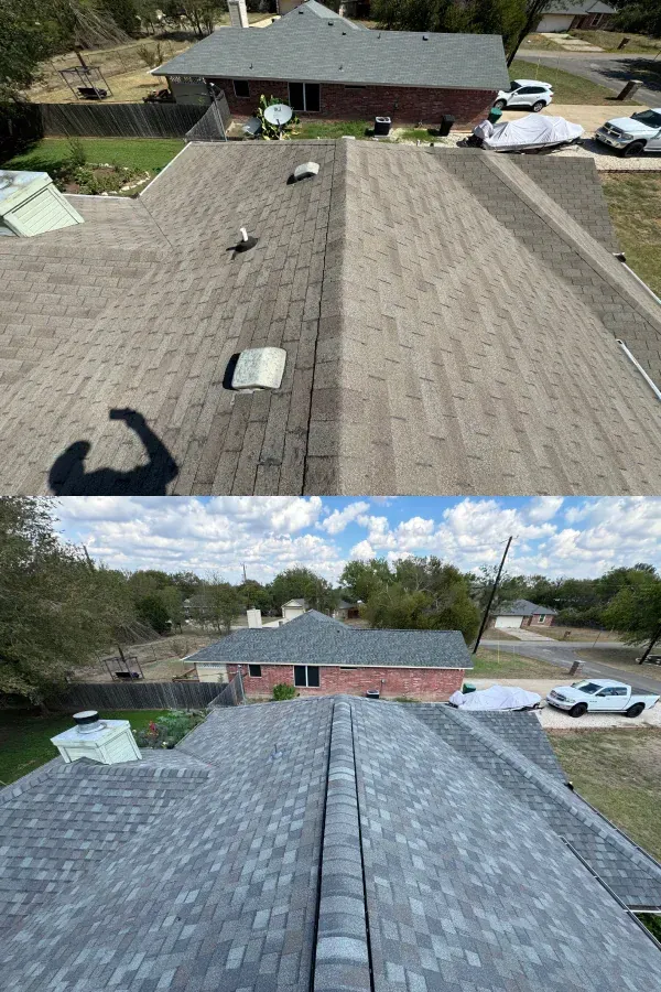 A before and after picture of a roof being installed on a house.