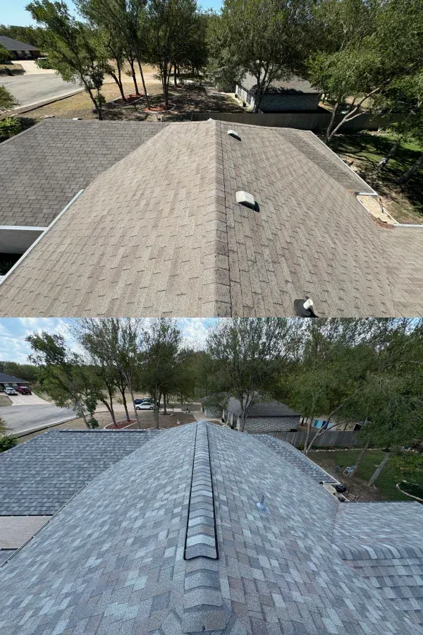 There is a before and after picture of a roof.