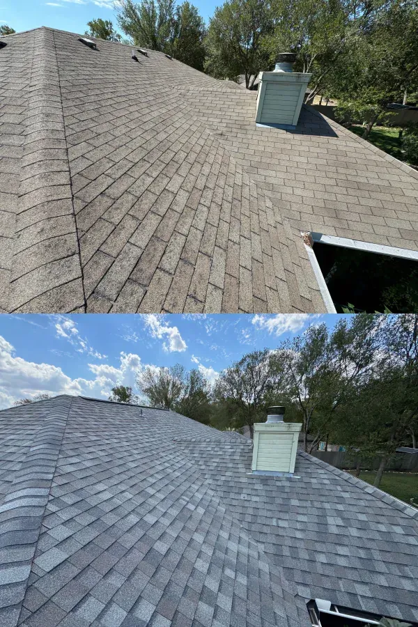 A before and after picture of a roof with a chimney.