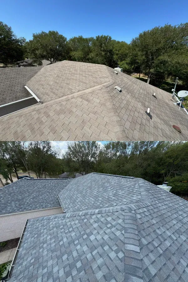 A before and after picture of a roof with trees in the background.
